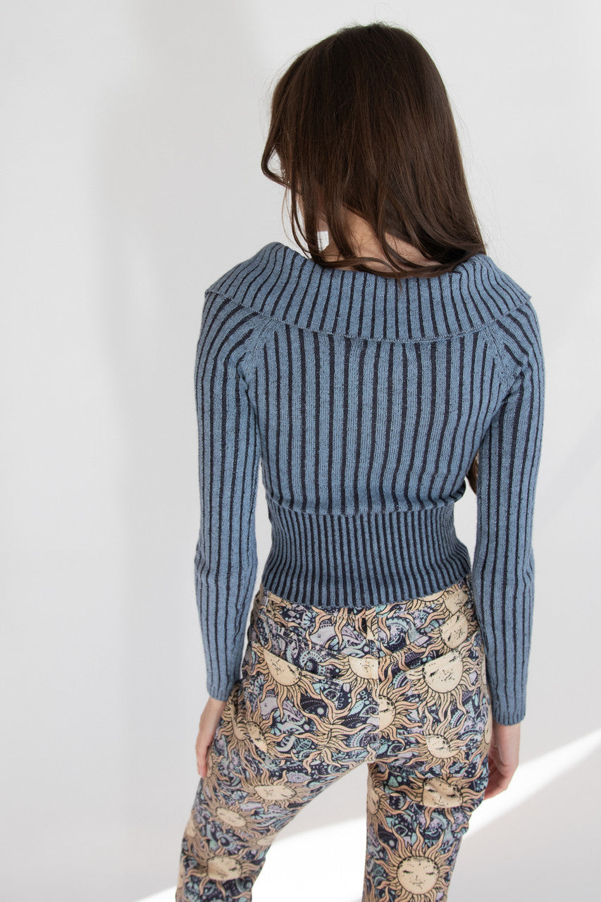 Fold Over Collar Ribbed Zip Up Sweater