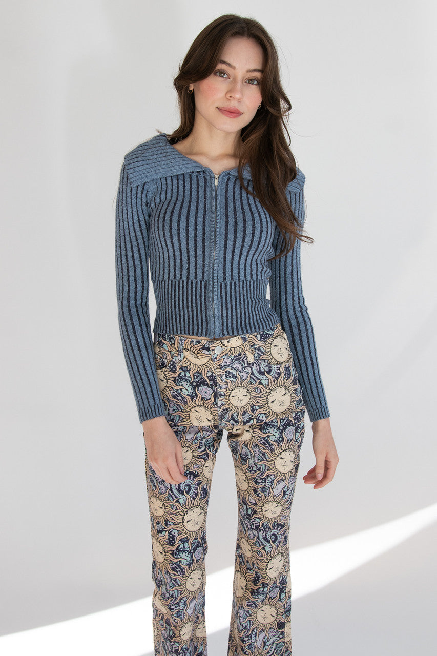 Fold Over Collar Ribbed Zip Up Sweater