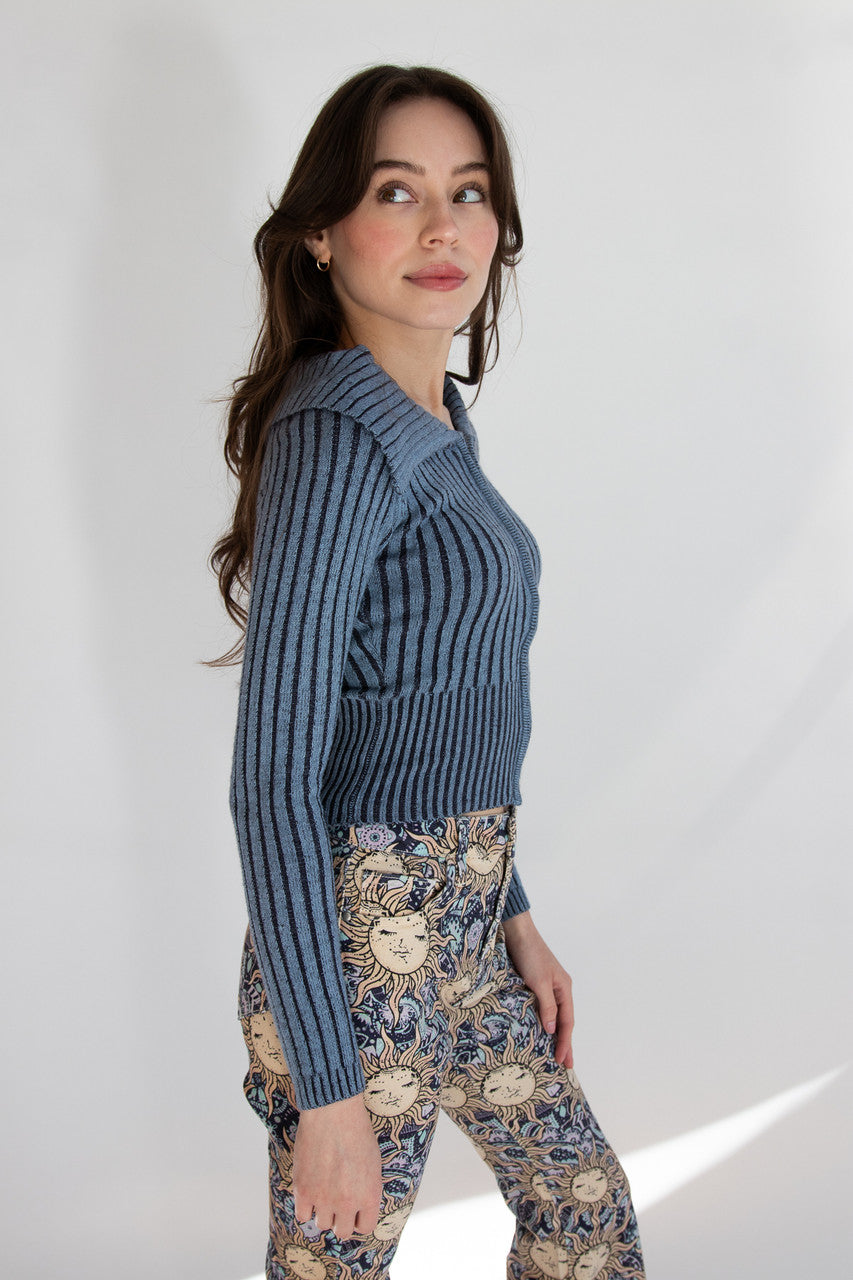 Fold Over Collar Ribbed Zip Up Sweater