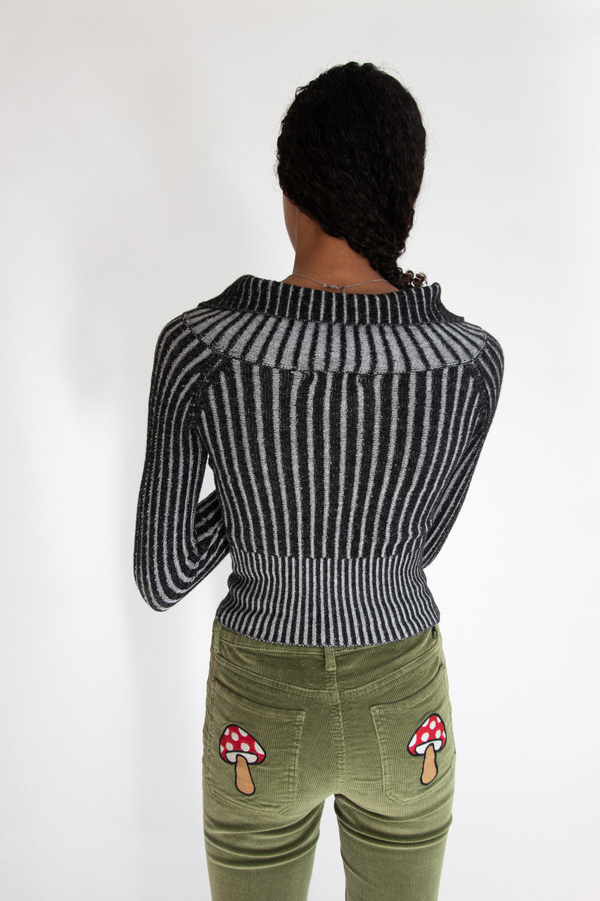 Fold Over Collar Ribbed Zip Up Sweater