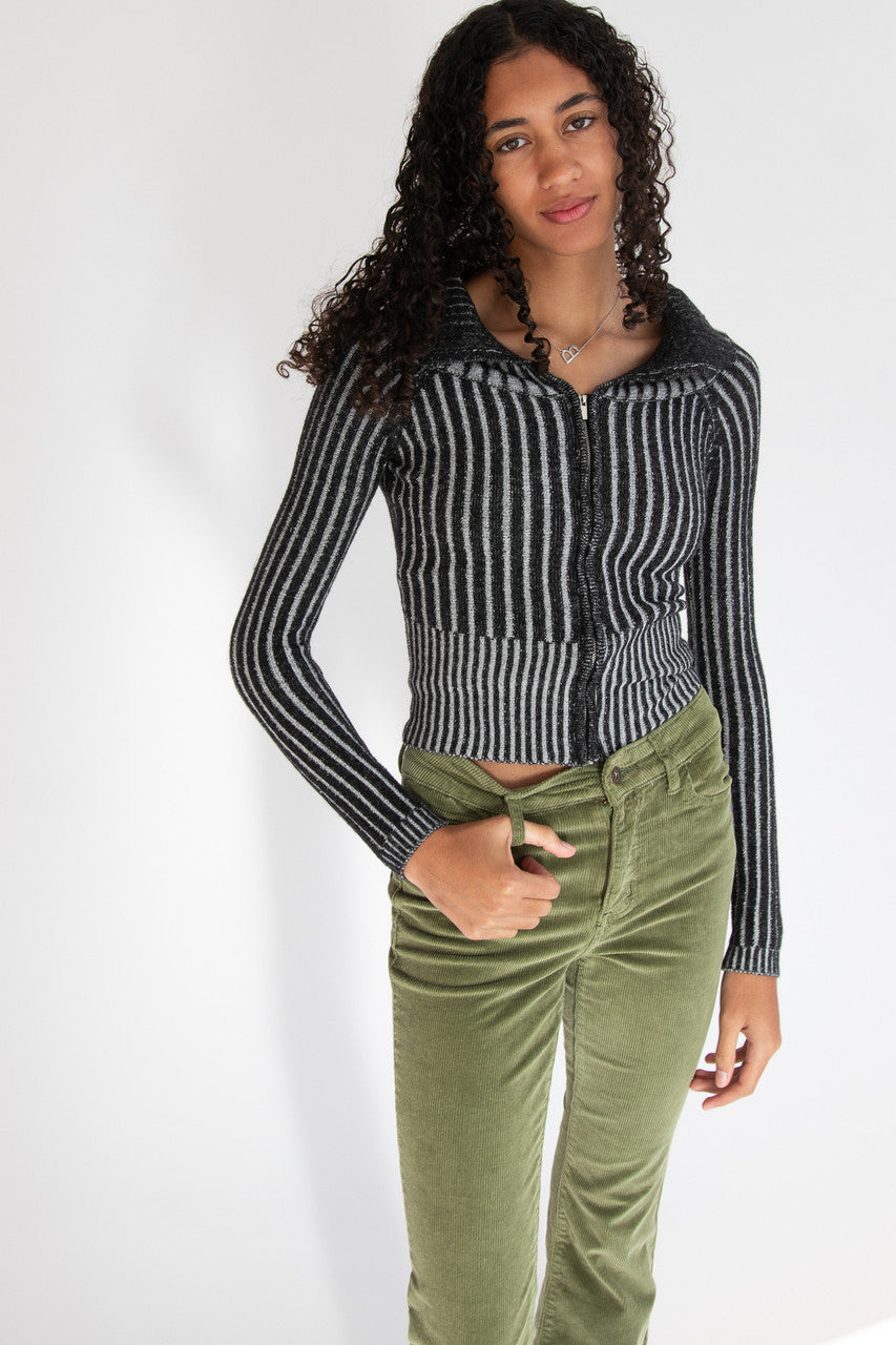 Fold Over Collar Ribbed Zip Up Sweater