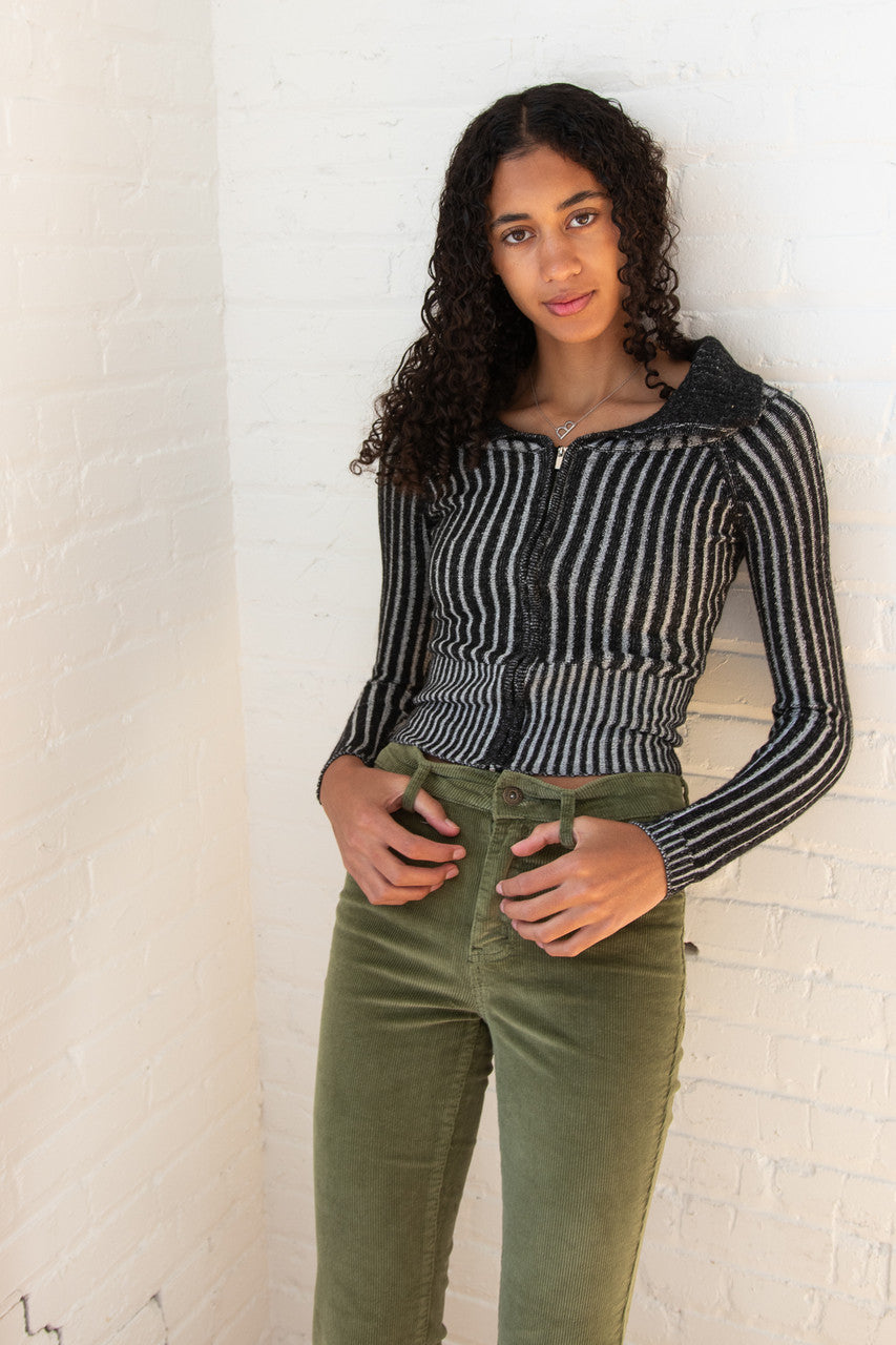 Fold Over Collar Ribbed Zip Up Sweater