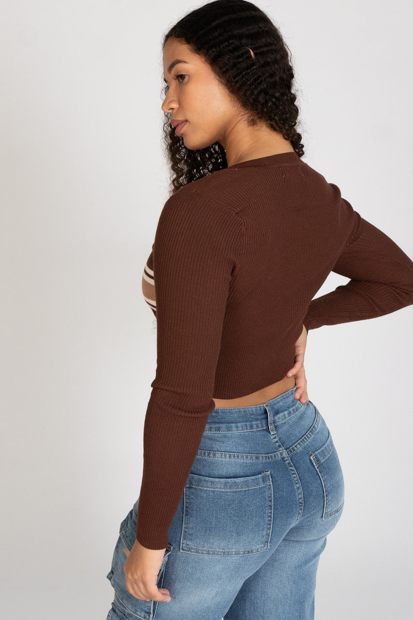 Ribbed V Neck Stripe Sweater