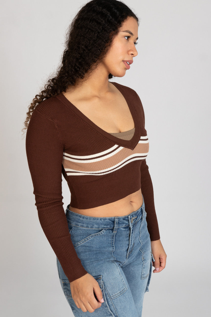 Ribbed V Neck Stripe Sweater