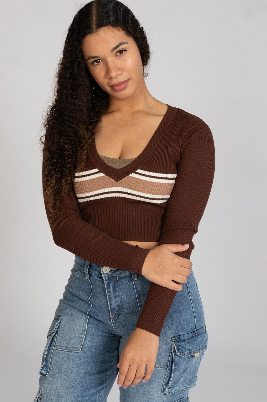 Ribbed V Neck Stripe Sweater