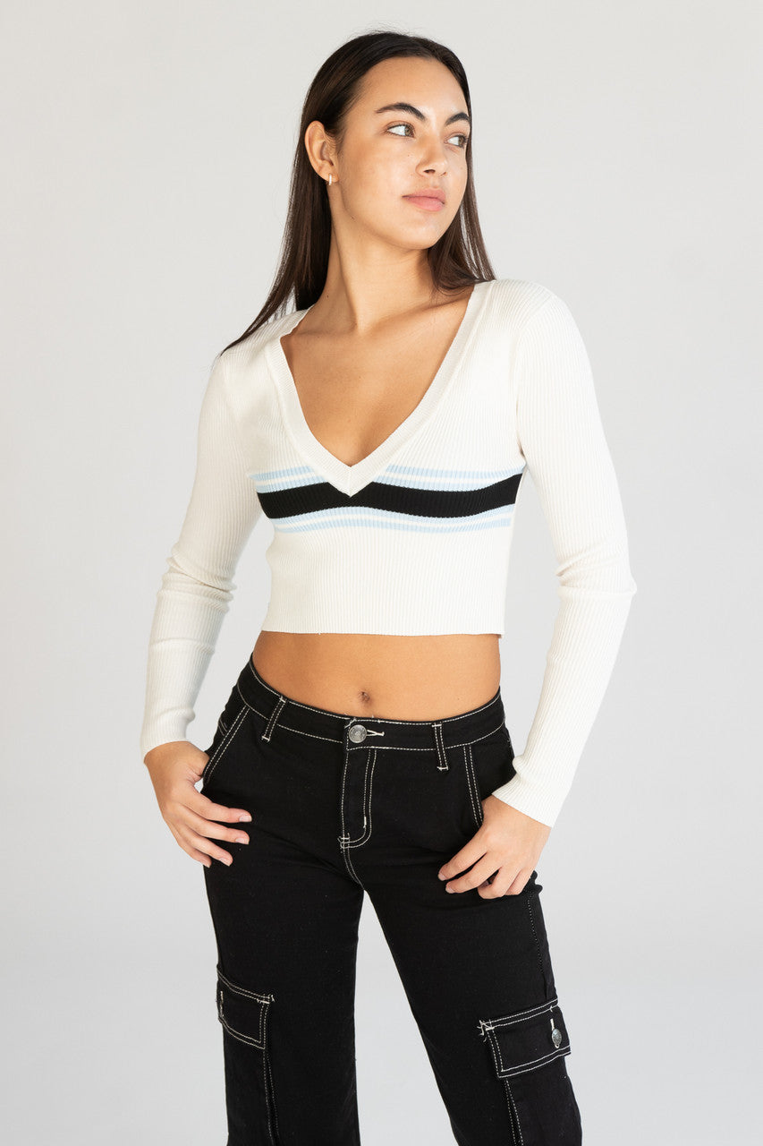 Ribbed V Neck Stripe Sweater