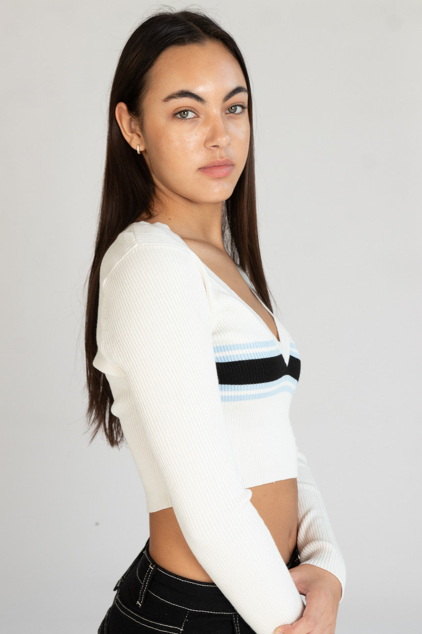 Ribbed V Neck Stripe Sweater