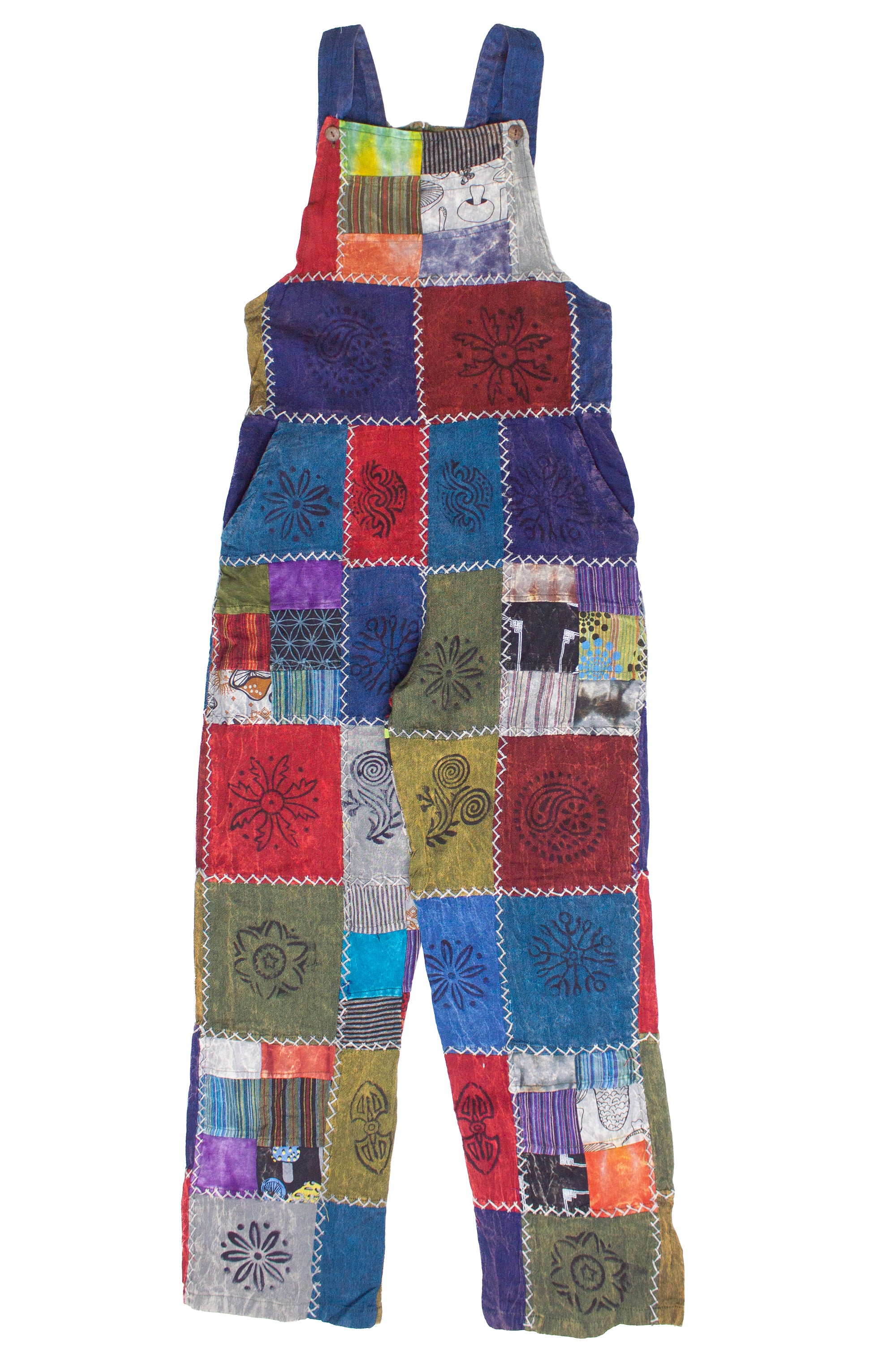 Colorful handmade patchwork overalls with adjustable straps and unique stitched patterned fabric squares