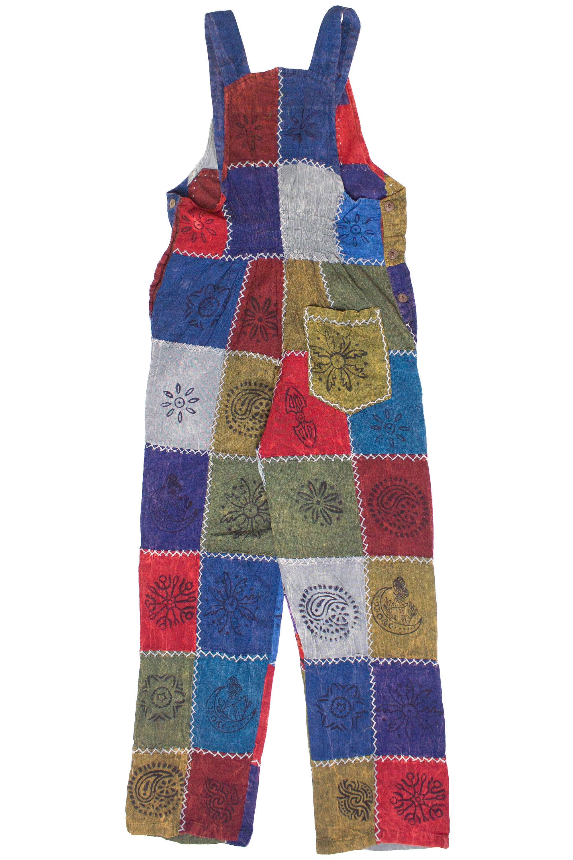 Handmade patchwork overalls with adjustable straps, elastic waist, unique sewn patterns in multiple colors and designs.