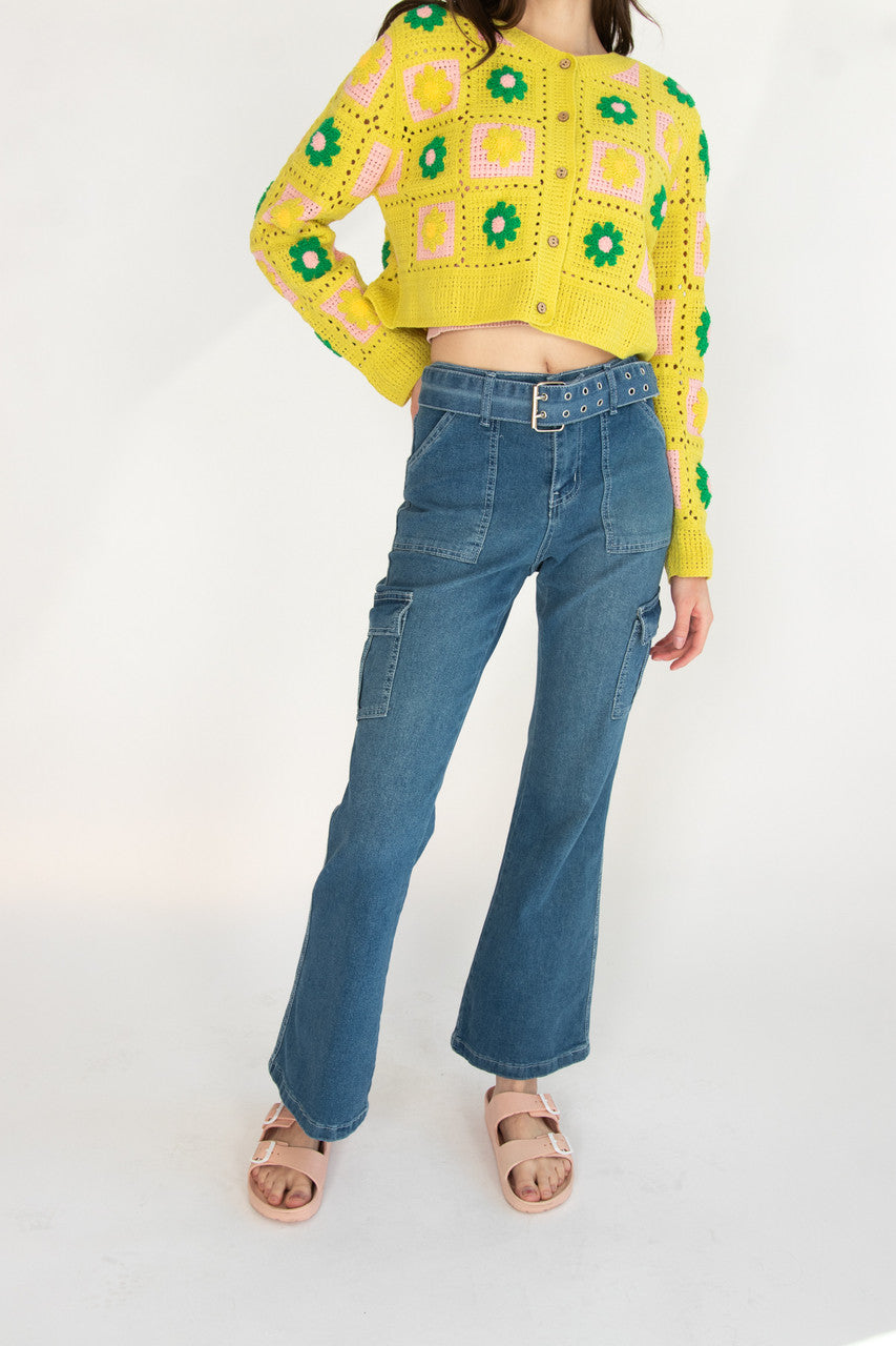 Belted Flare Cargo Jeans