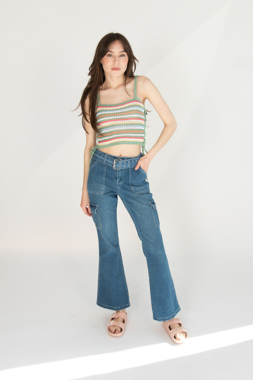 Belted Flare Cargo Jeans