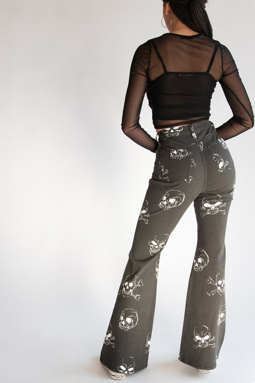 Skull Print Flare Jeans
