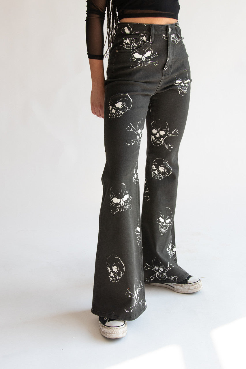 Skull Print Flare Jeans