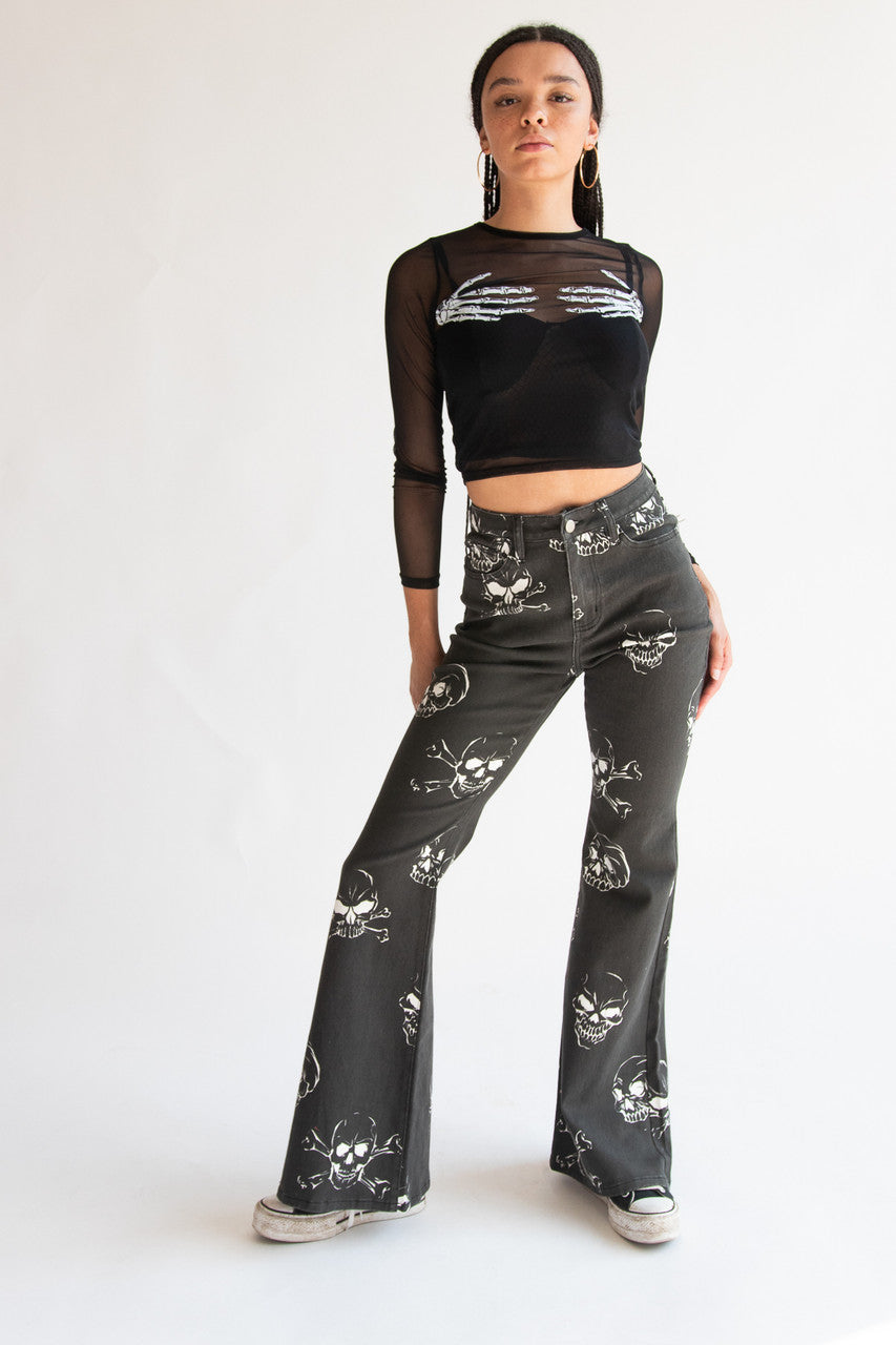 Skull Print Flare Jeans