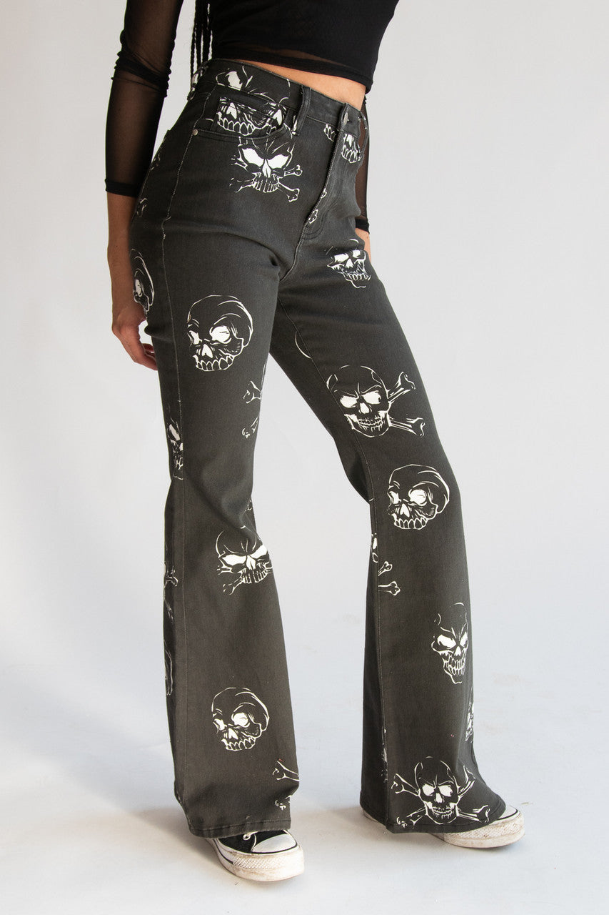 Skull Print Flare Jeans