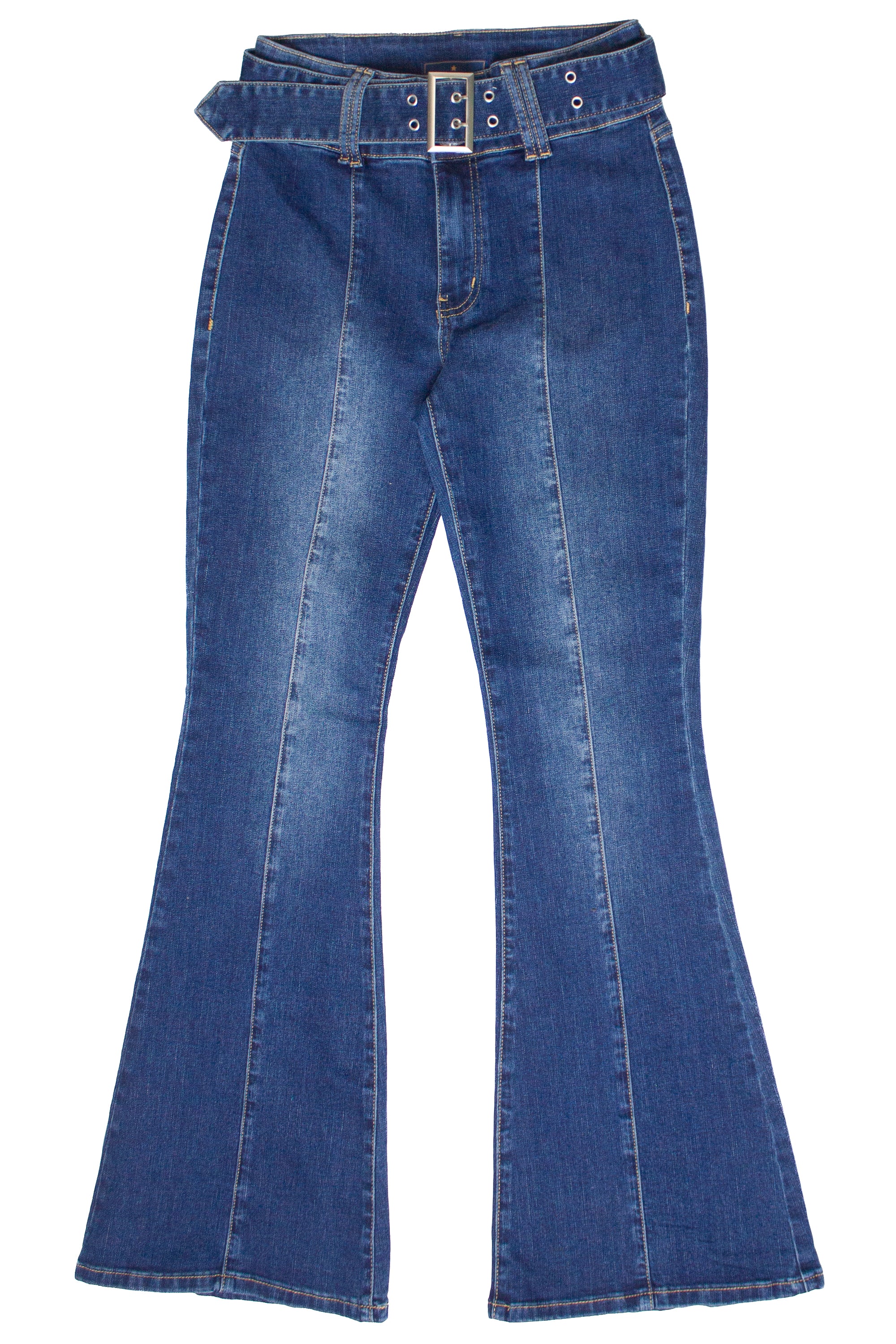 High Rise Belted Flare Jeans - Blue