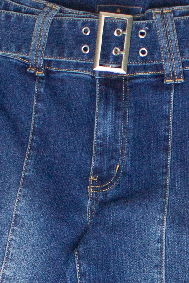 High Rise Belted Flare Jeans - Blue