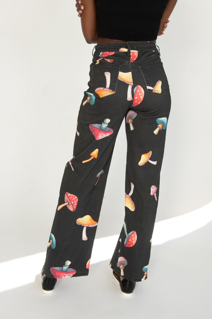 Large Mushroom Print Wide Leg Jeans