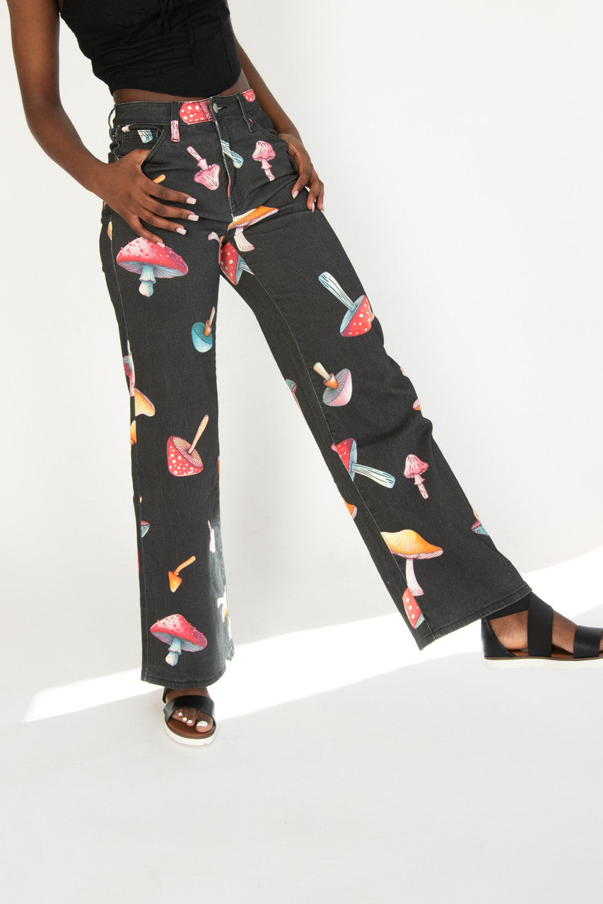 Large Mushroom Print Wide Leg Jeans