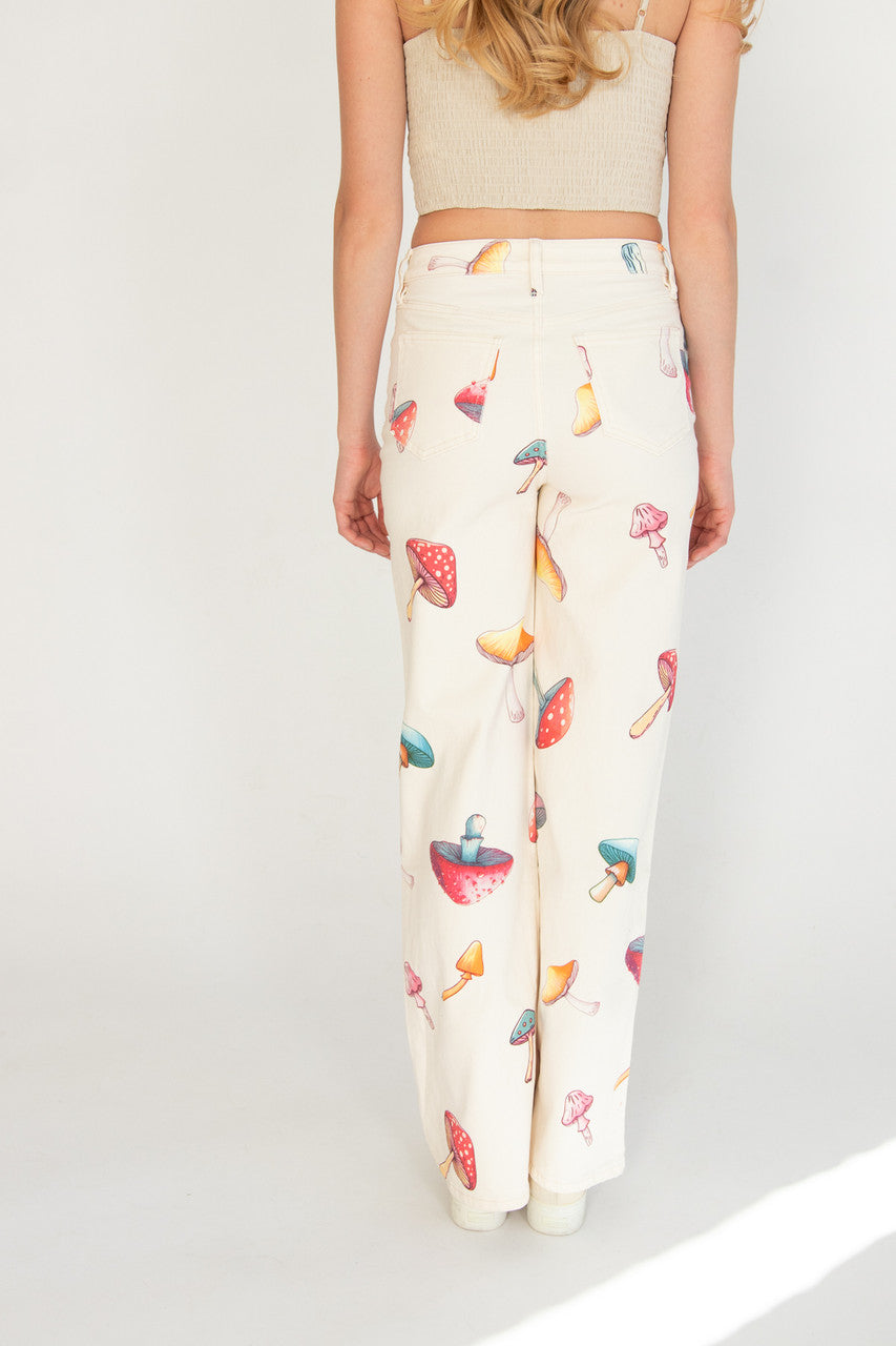 Large Mushroom Print Wide Leg Jeans
