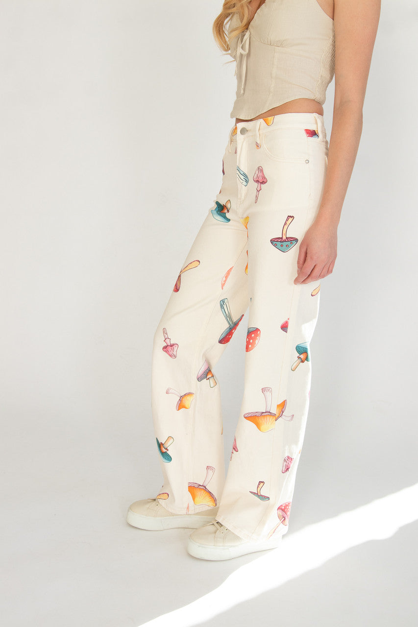 Large Mushroom Print Wide Leg Jeans