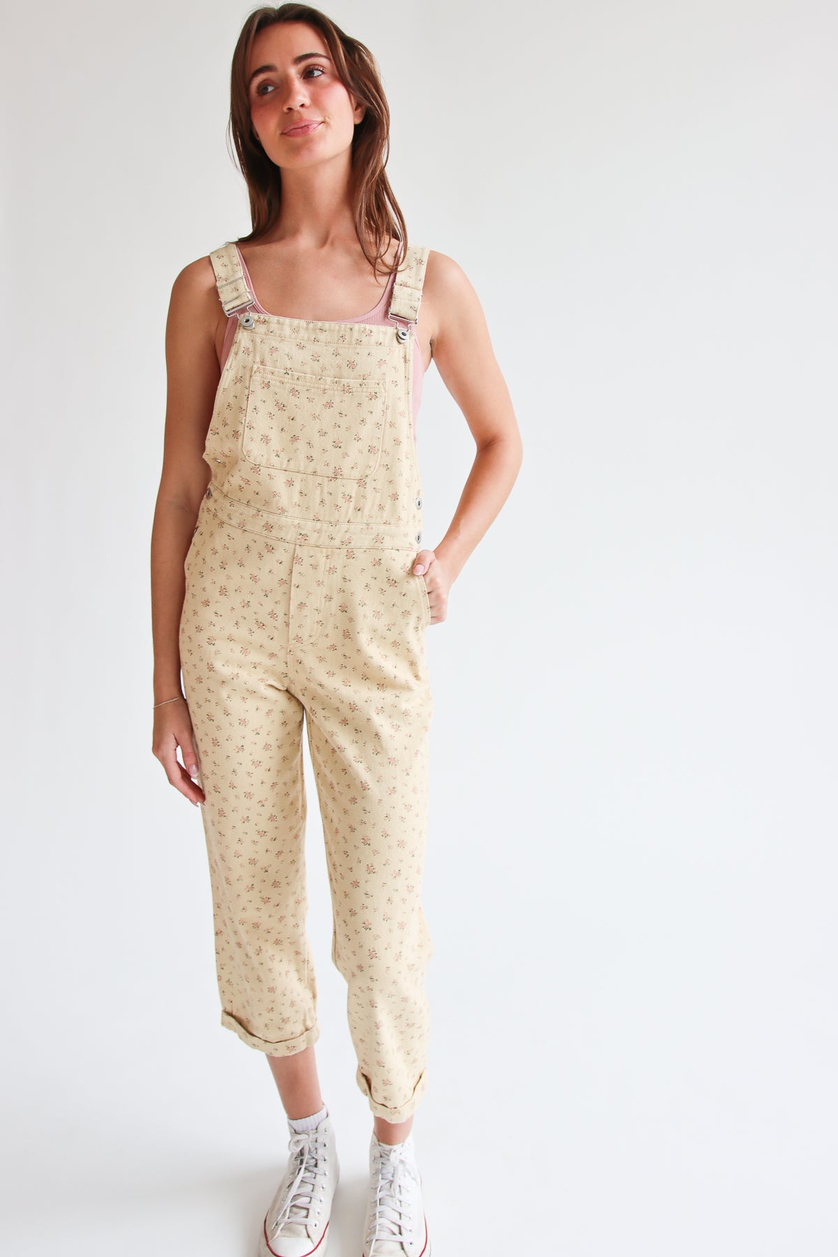 Yellow ditsy Overalls with hand in pocket