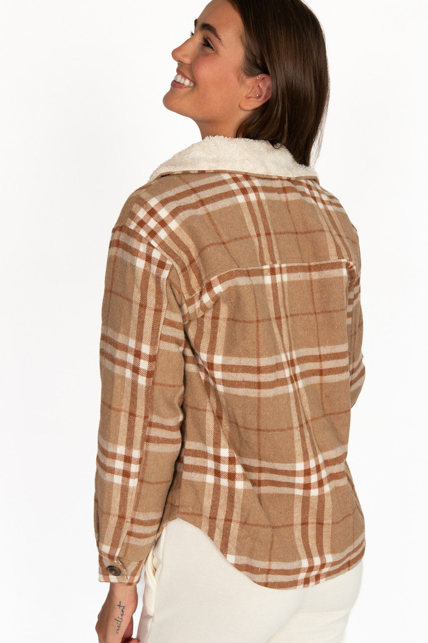 Camel Sherpa Collar Plaid Trucker Jacket