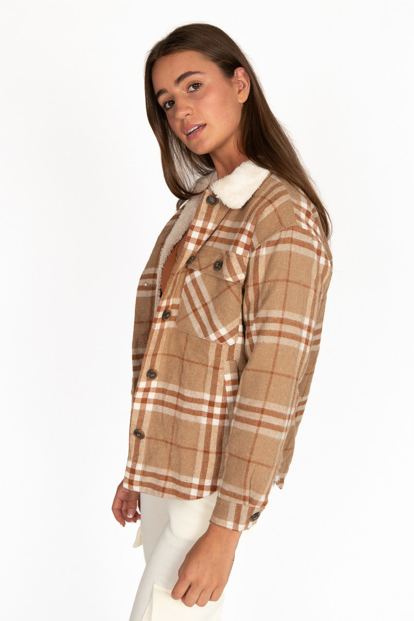 Camel Sherpa Collar Plaid Trucker Jacket