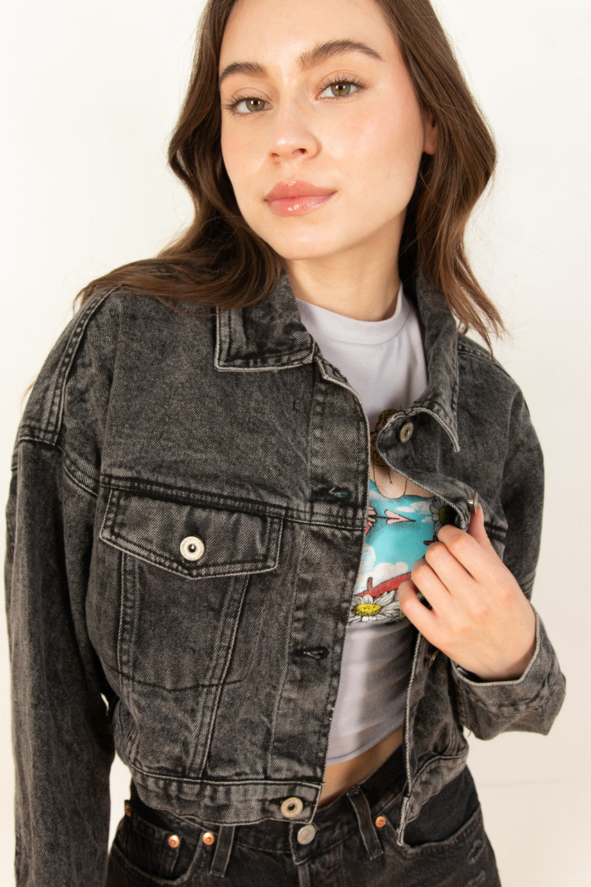 Black Cropped Acid Wash Denim Jacket