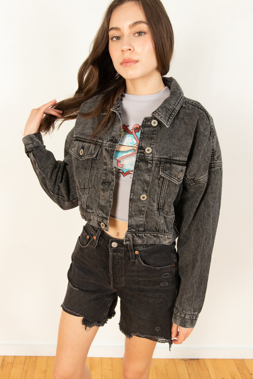 Black Cropped Acid Wash Denim Jacket