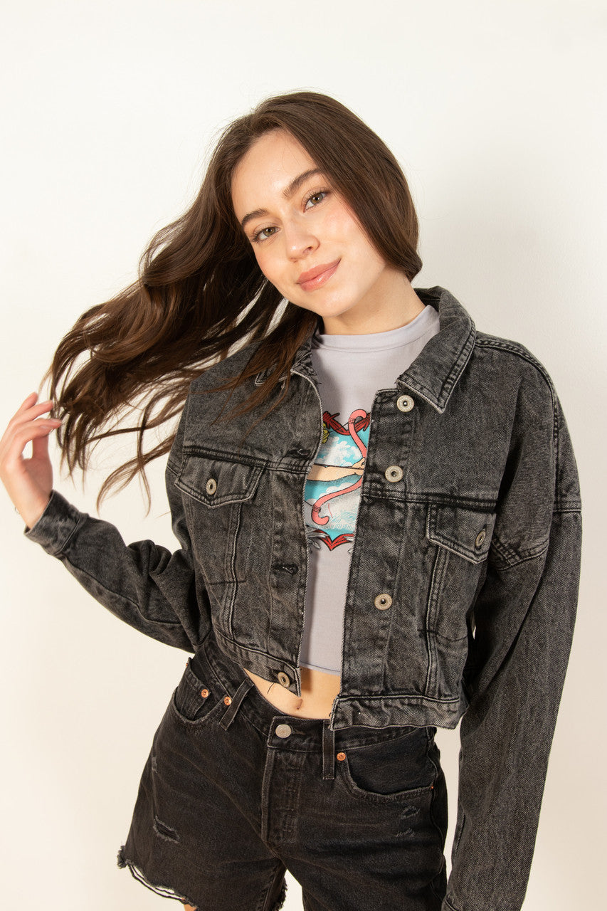 Black Cropped Acid Wash Denim Jacket