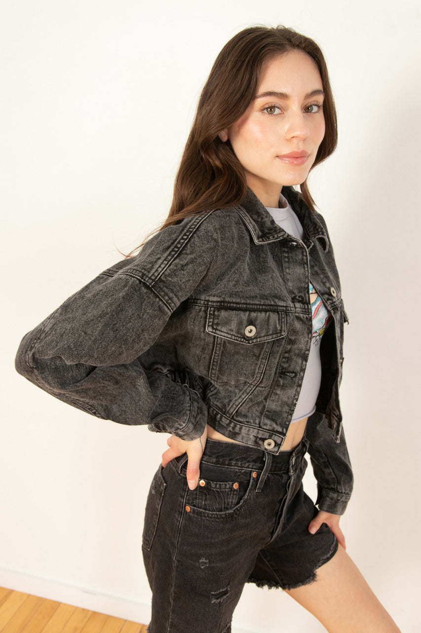 Black Cropped Acid Wash Denim Jacket