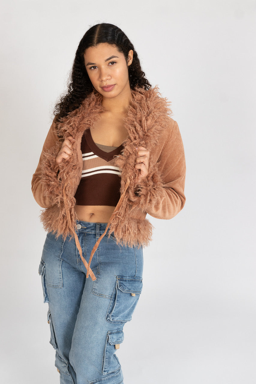 Faux Fur Trim Corduroy Jacket