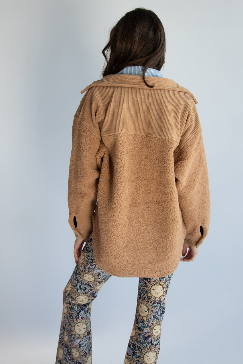 Camel Corduroy Trim Sherpa Jacket