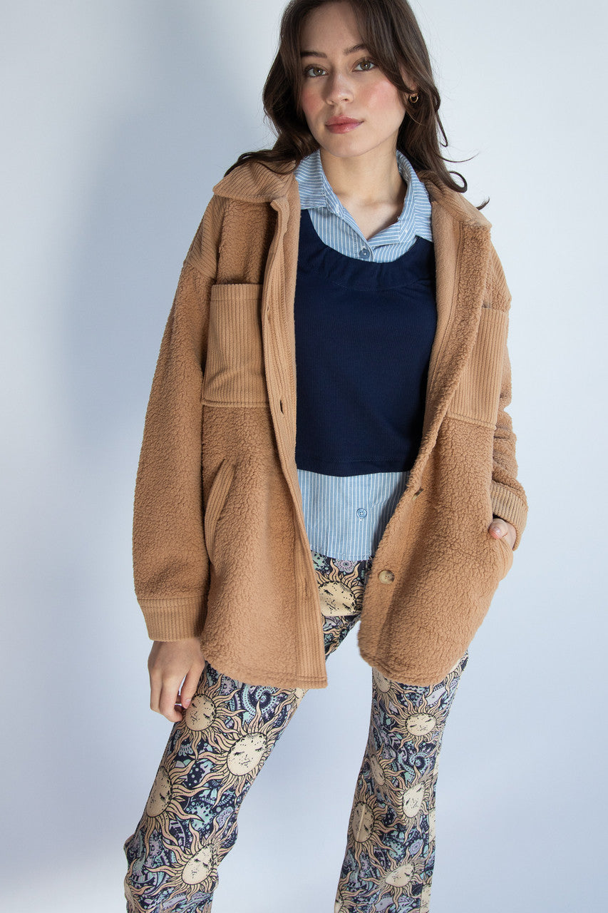 Camel Corduroy Trim Sherpa Jacket