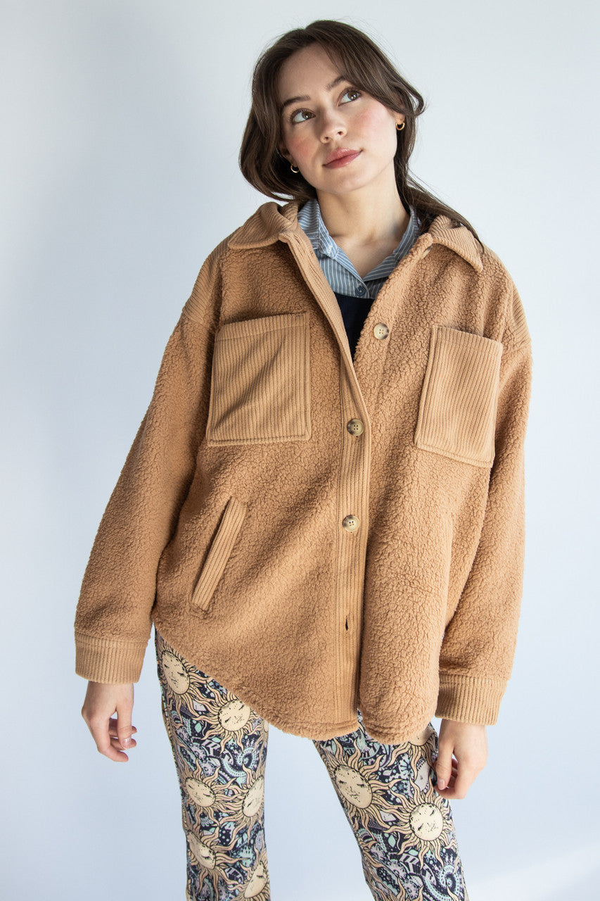 Camel Corduroy Trim Sherpa Jacket