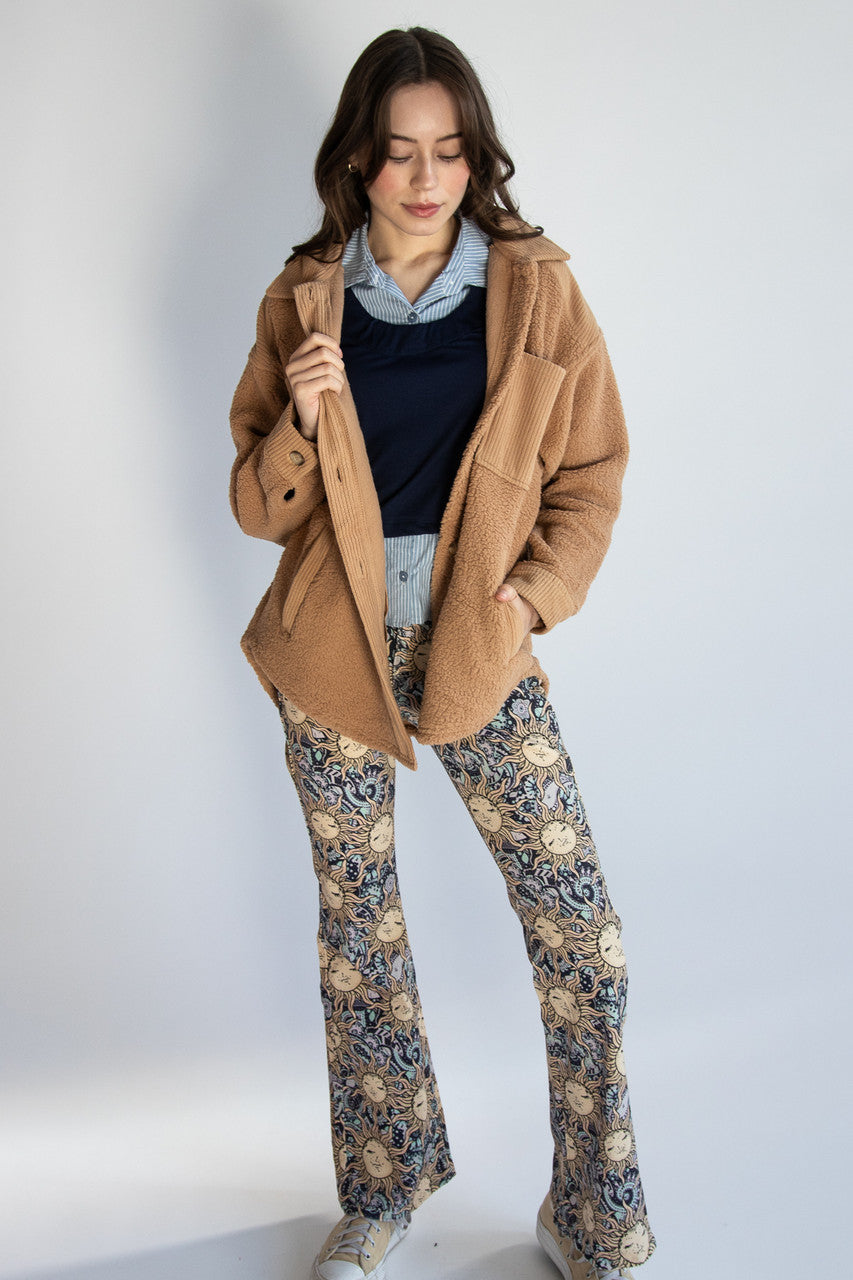 Camel Corduroy Trim Sherpa Jacket