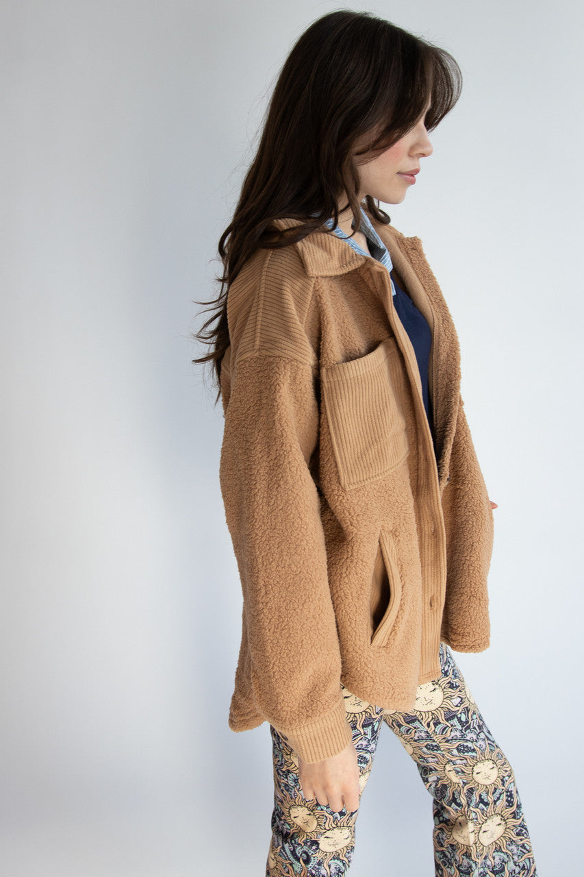 Camel Corduroy Trim Sherpa Jacket