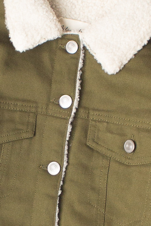 Olive Green Sherpa Lined Denim Jacket