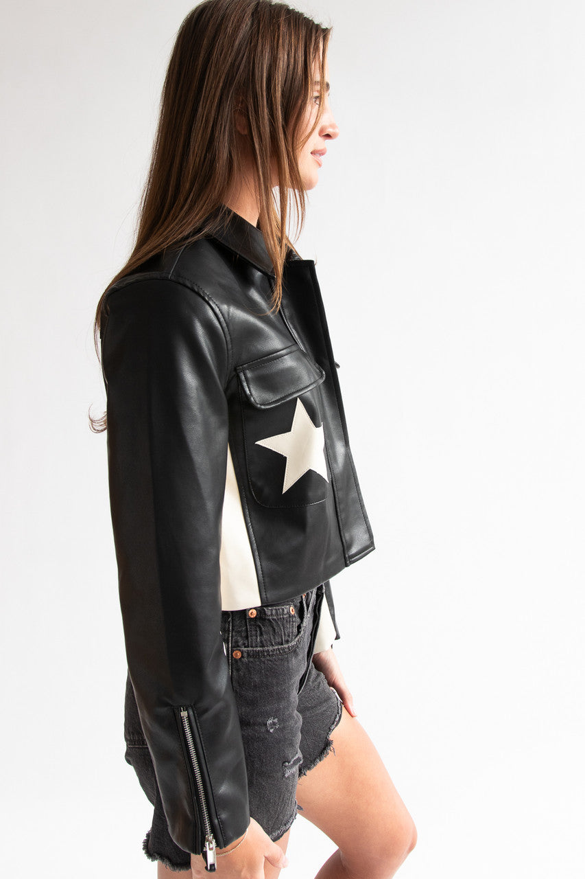 Pleather Star Patch Moto Jacket