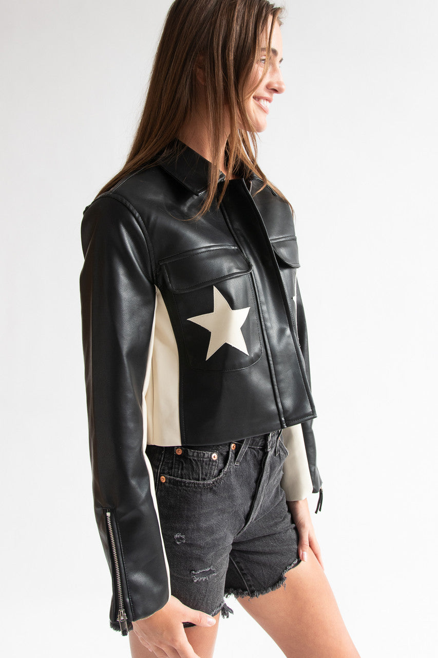 Pleather Star Patch Moto Jacket