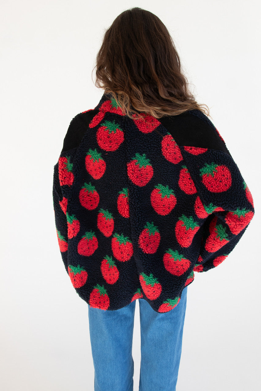 Fruit Pattern Corduroy Detail Faux Sherpa Jacket