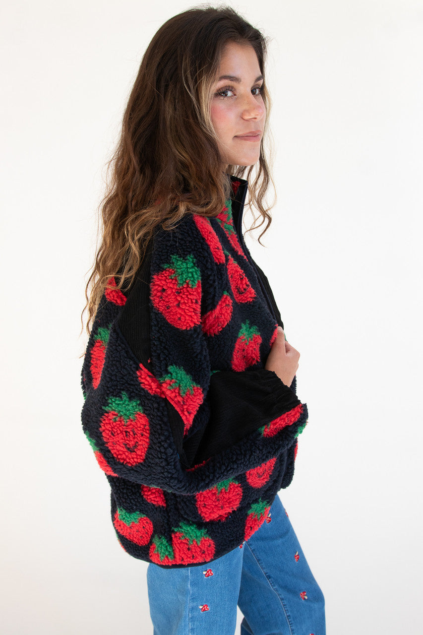 Fruit Pattern Corduroy Detail Faux Sherpa Jacket