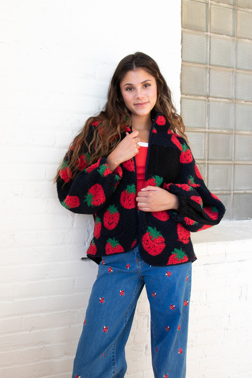 Fruit Pattern Corduroy Detail Faux Sherpa Jacket