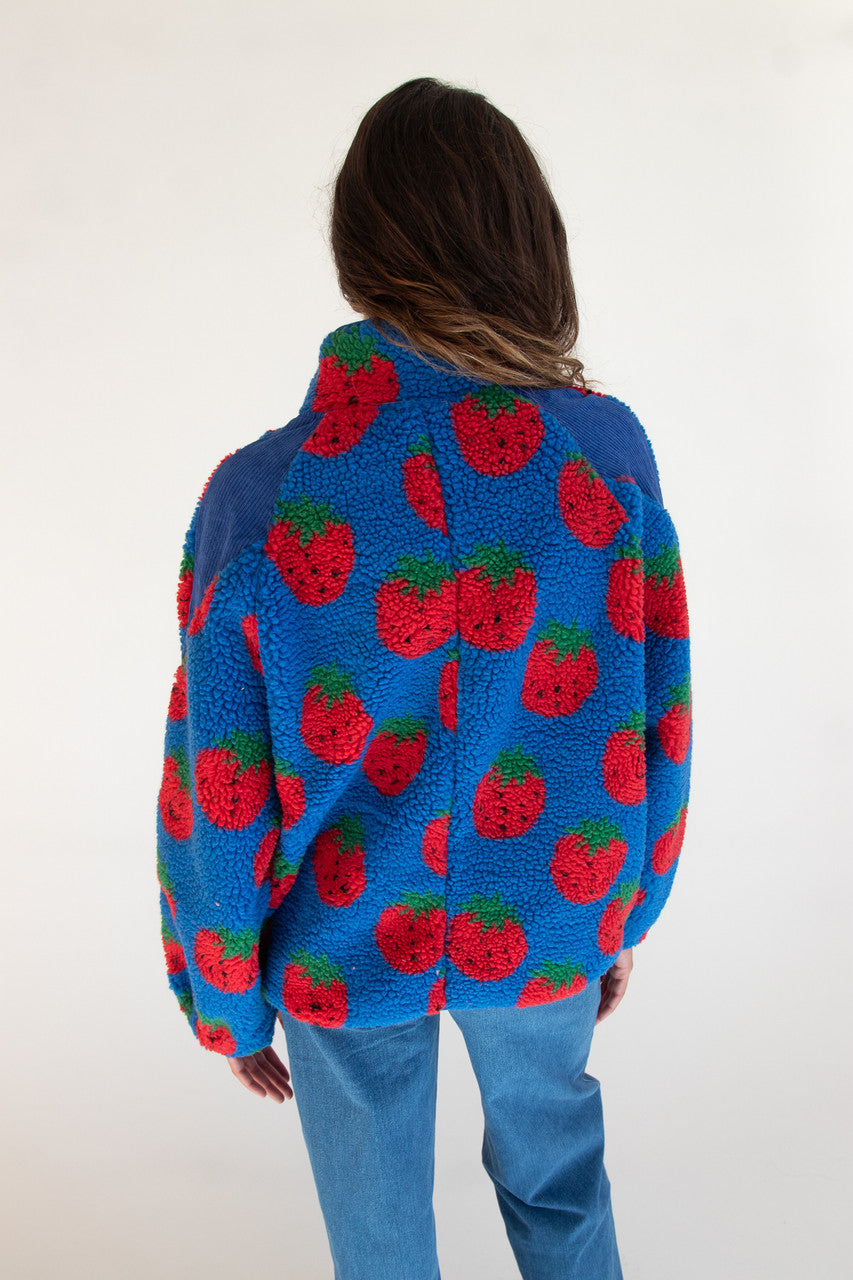 Fruit Pattern Corduroy Detail Faux Sherpa Jacket
