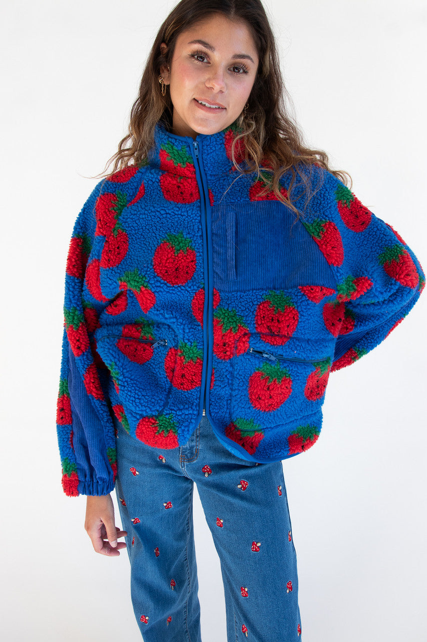Fruit Pattern Corduroy Detail Faux Sherpa Jacket