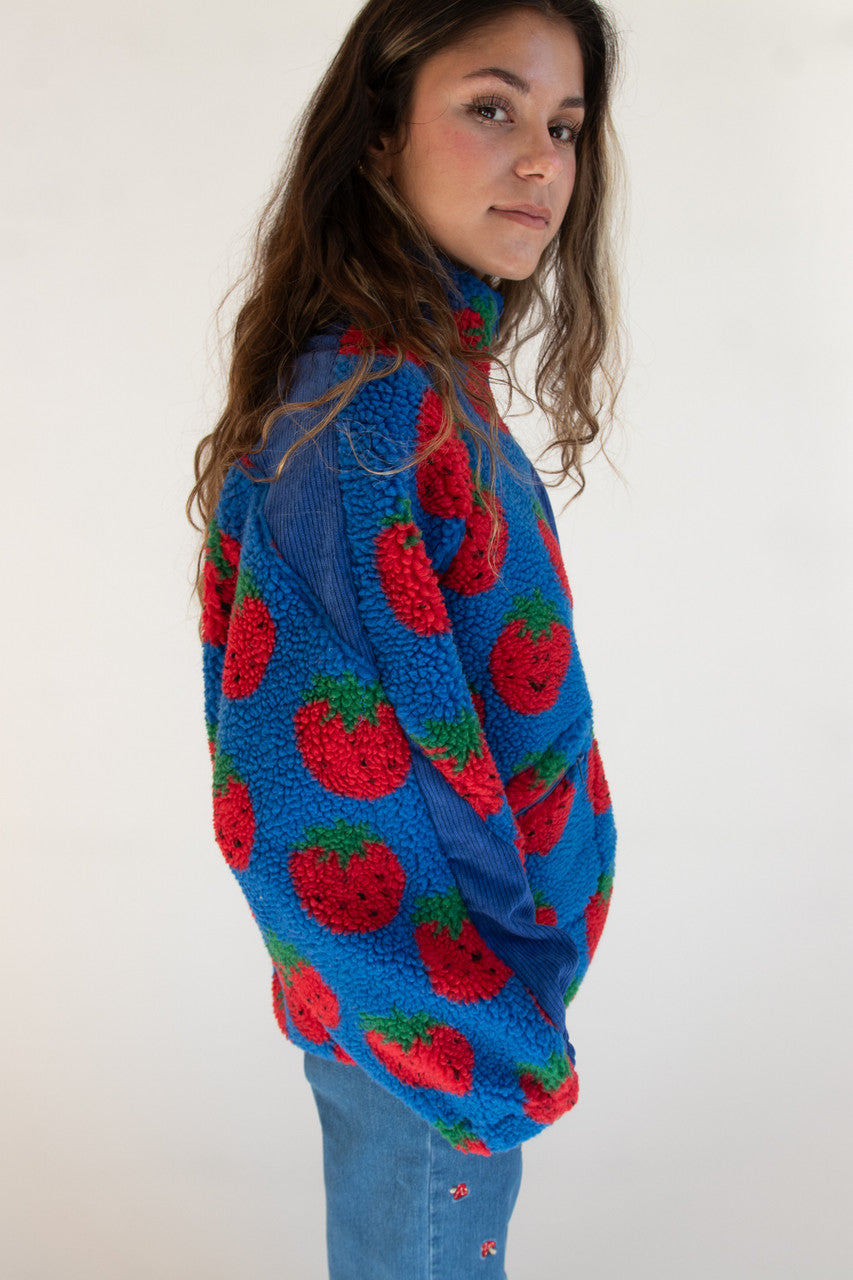 Fruit Pattern Corduroy Detail Faux Sherpa Jacket