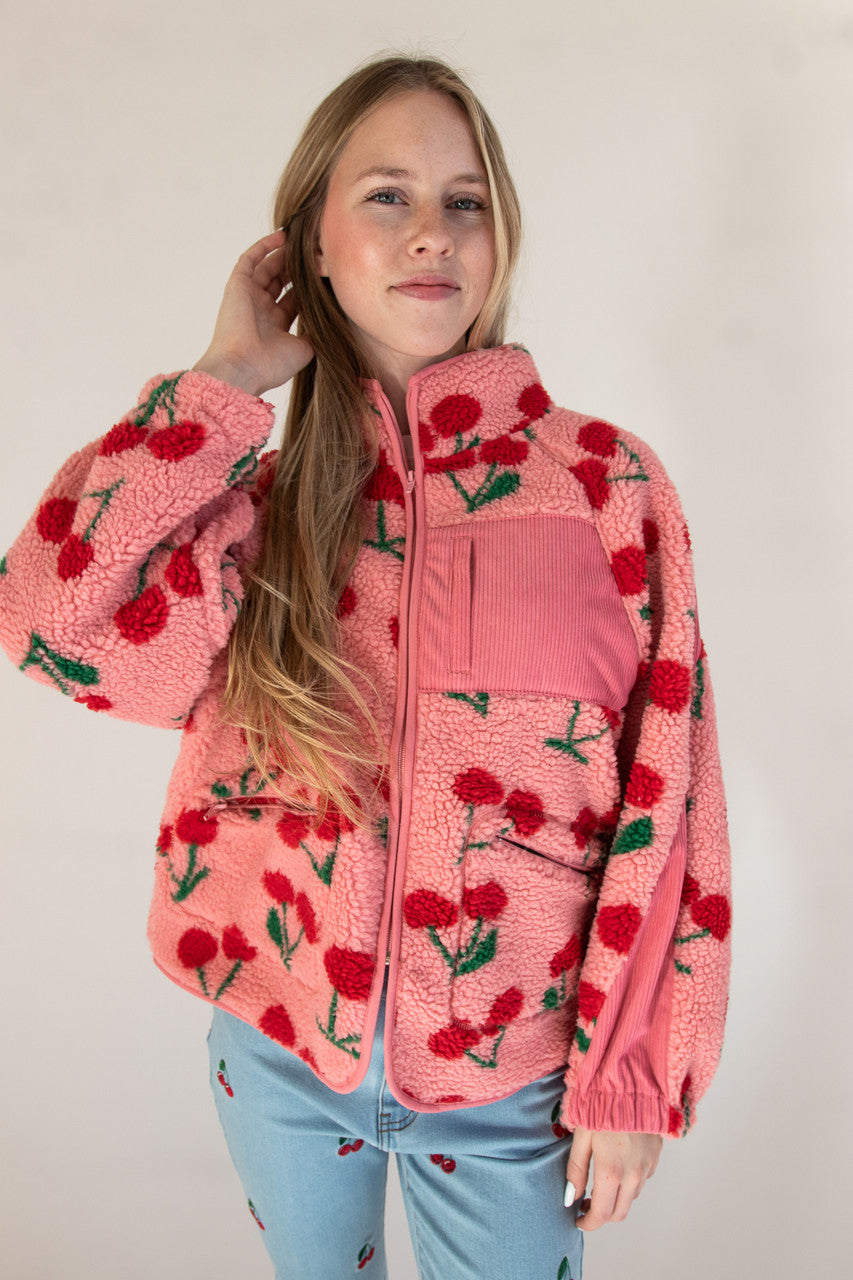 Fruit Pattern Corduroy Detail Faux Sherpa Jacket