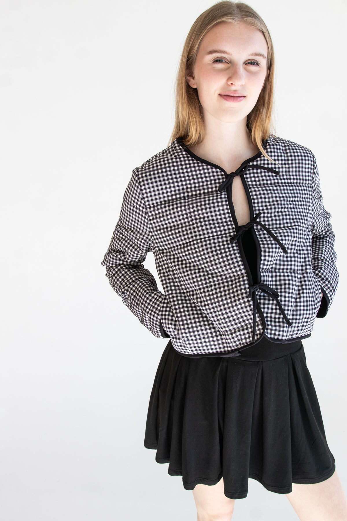Tie Front Puff Jacket Black Gingham