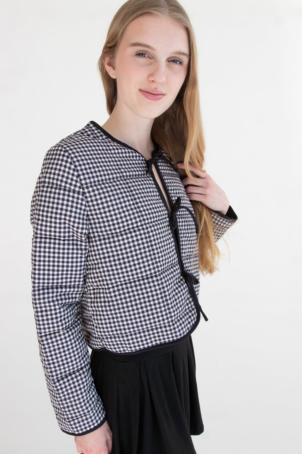 Tie Front Puff Jacket Black Gingham